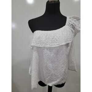 Lauren James Medium Asymmetrical Sleeve Eyelet Cotton Top Ruffle Couquette Boho